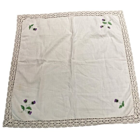 Vintage Embroidered Table Cover Tablecloth Purple Flowers 40X40 Crochet Trim - Picture 2 of 10